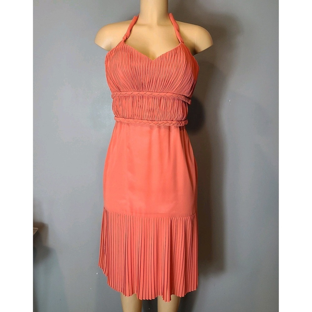 Y2K Halter Dress Women Sz XS Coral Pleated Midi Coquette Wedding Resort 90s